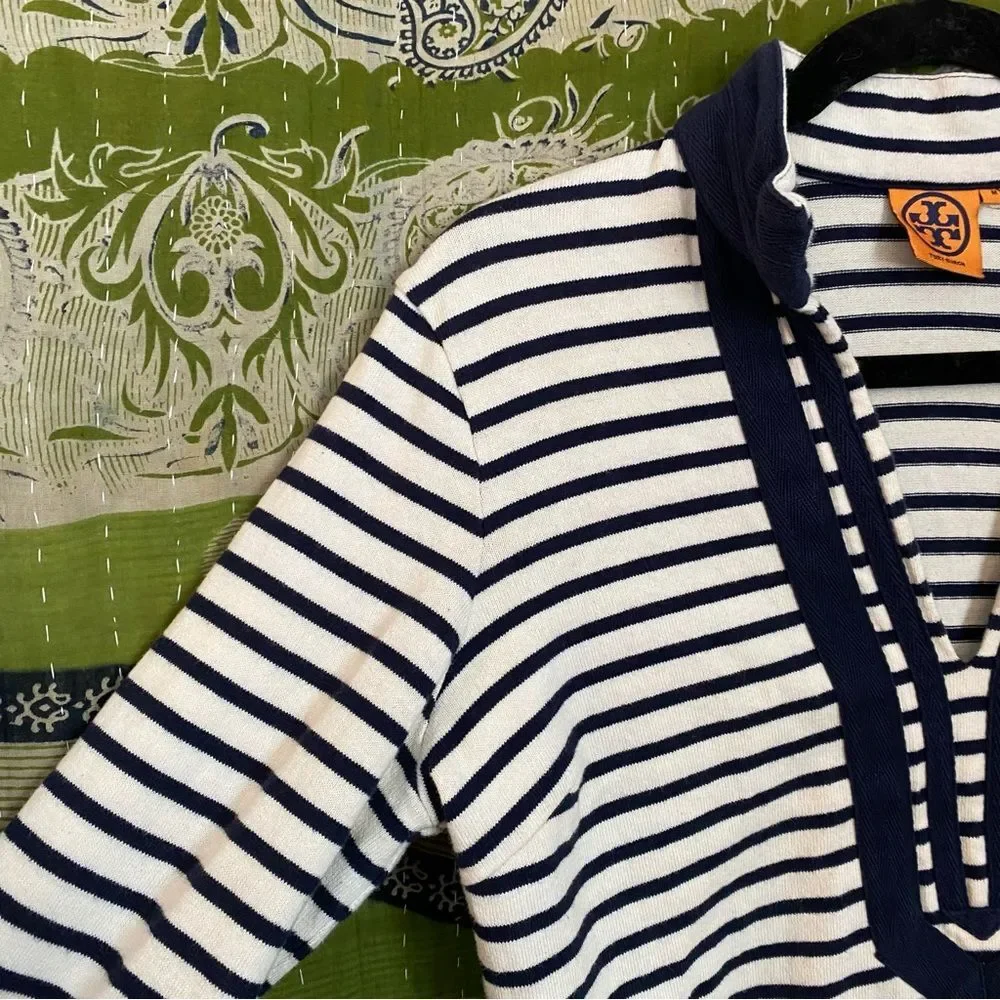 Tory Burch White/ Blue Cotton Knit Mini Tunic Nautical Dress Size Medium